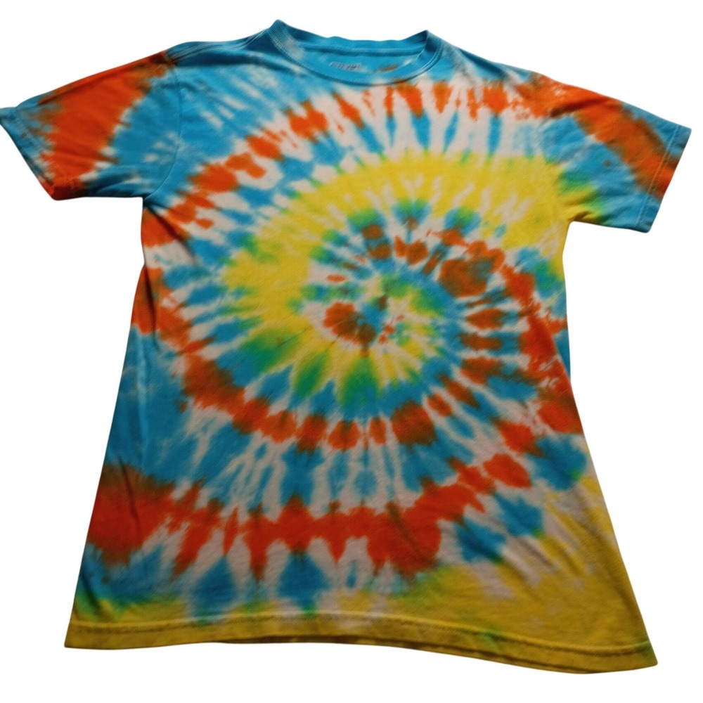 Jerzees T-Shirt Men's Small Spiral Tie Dye Blue Orange Yellow Hippie Retro Top